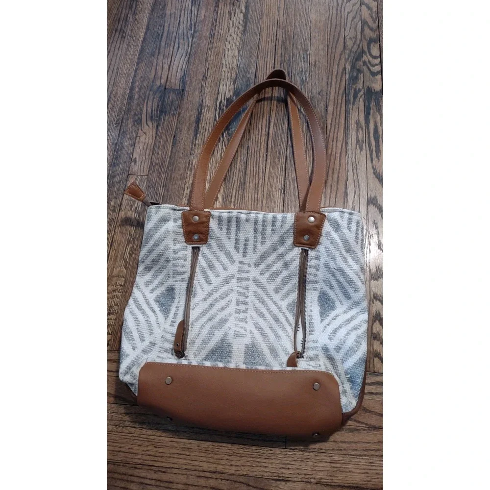 Myra Bag Canvas Leather Geometric Tote Bag Grey Brown Embossed Floral S-2244